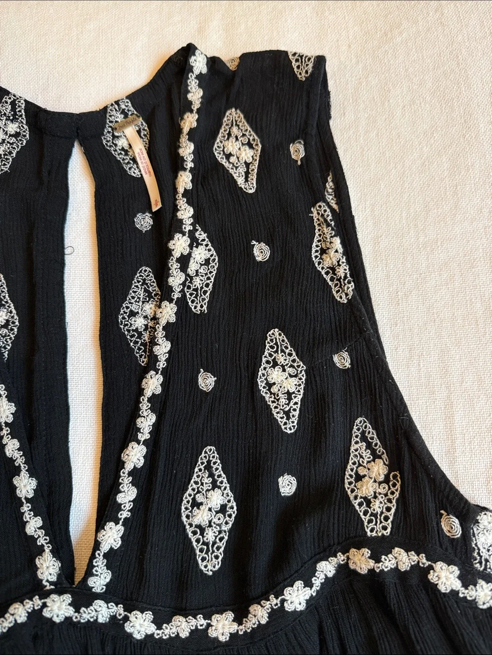 Free People Black Sleeveless Embroidered V-Neck Tunic